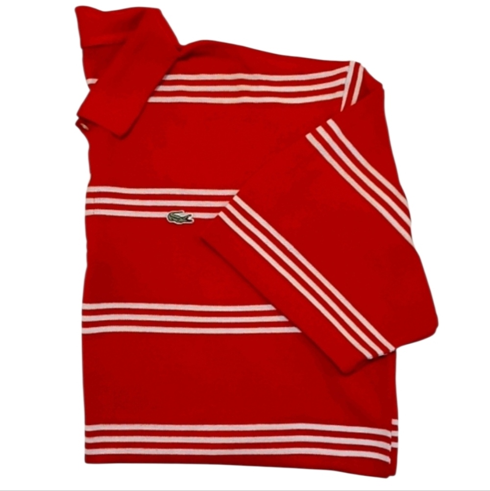 🐊Lacoste Shortsleeve Red & White Stripe Polo Shirt. Men's Size: 9=3XL.